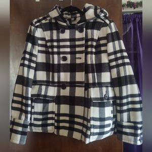 Women's a.n.a Plaid Hooded Peacoat L